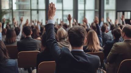 At a professional business seminar, a diverse audience raises their hands in an important decision - obrazy, fototapety, plakaty