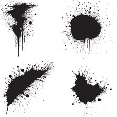 Ink drops and splashes. Blotter spots, liquid paint drip drop splash and ink splatter. Artistic dirty grunge abstract spot vector set. Illustration monochrome drip splash, splat messy inkblot