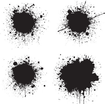round Ink drops and splashes. Blotter spots, liquid paint drip drop splash and ink splatter. Artistic dirty grunge abstract spot vector set. Illustration monochrome drip splash, splat messy inkblot