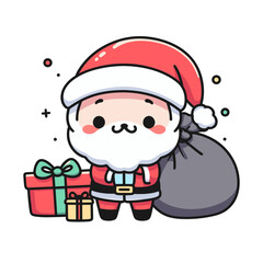 Cute Santa Claus character with bag of gifts on white background. Magic time, happy new year. Christmas winter holiday vector design element.