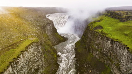 Aerial view of Famous Waterfall Dettifoss The largest waterfall in Iceland.