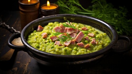 an image of a comforting bowl of split pea soup with chunks of ham