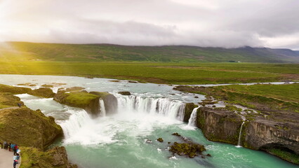 Aerial view of Godafoss waterfall on Skjalfandafljot river, Iceland.