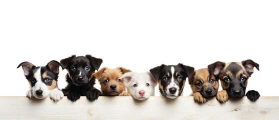 Row of several little dogs head hiding behind wooden board isolated on white background. Banner with differents puppy.
