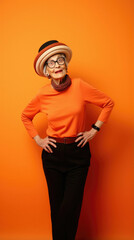 Portrait of a beautiful elderly woman with a stylish hairstyle, a hat on a orange background. high quality photo.