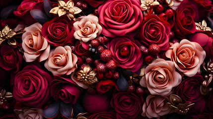 beautiful assortment of roses in shades of red and pink, with touches of gold and textured berries, all arranged tightly together