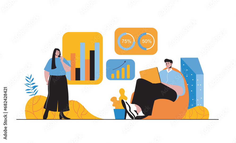 Poster data analysis web concept with people in flat cartoon design. woman and man working with big data, m