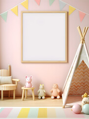 A mockup blank empty poster frame in children room background, vertical photo
