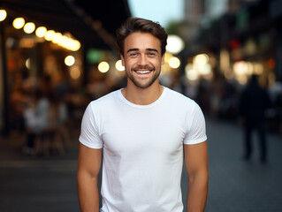 A mockup of a handsome young male model wearing a white T-shirt against a street background