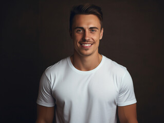 A mockup of a handsome young male model wearing a white T-shirt against a black background