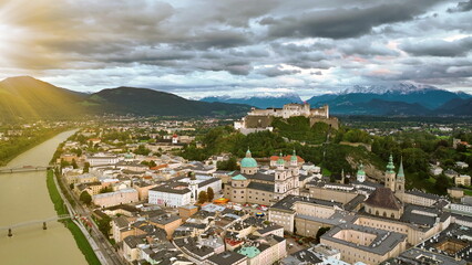 Salzburg Austria skyline of Salzburg castle river old town in 4k after sunset