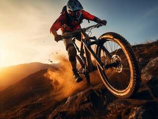 Naklejka premium A rider tearing through mountain trails on a mountain bike, dirt flying, extreme sports, adventure