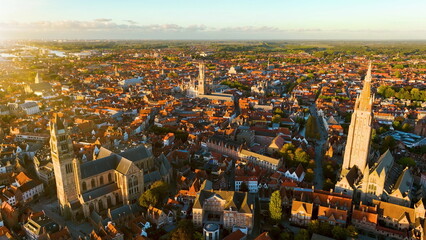 Aerial of Belfry of Bruges is a medieval bell tower Bruges Belgium. 4k
