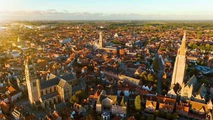 Photo sur Plexiglas Brugges Aerial of Belfry of Bruges is a medieval bell tower Bruges Belgium. 4k