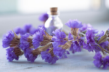 Obraz na płótnie Canvas purple flower and glass bottles with perfume 