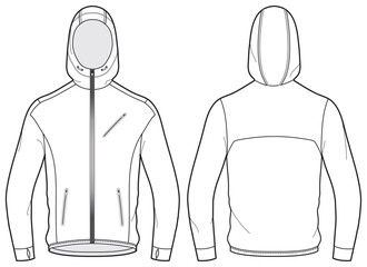 Long sleeve tech shell Hoodie jacket design flat sketch Illustration, Hooded sweater jacket with front and back view, winter hoody jacket for Men and women. for hiker, outerwear and workout in winter © Fathima Flats