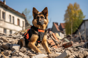 Naklejka na ściany i meble Rescue dog searcher on the ruins of a building after an earthquake