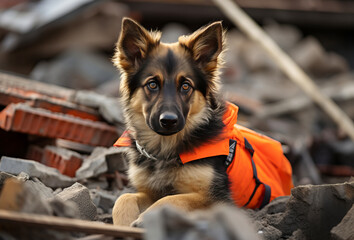 Rescue dog on the ruins of a building after an earthquake