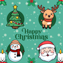 Santa Claus, Snowman, Reindeer, and Tree: Cute Christmas Characters Set Collection for Kids Party and Social Media Vector
