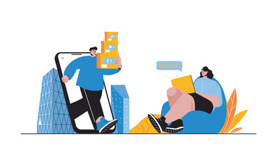 Social network web concept with people in flat cartoon design. Man and woman commenting, sharing posts, chatting and leaving feedback. Vector illustration for social media banner, marketing material.