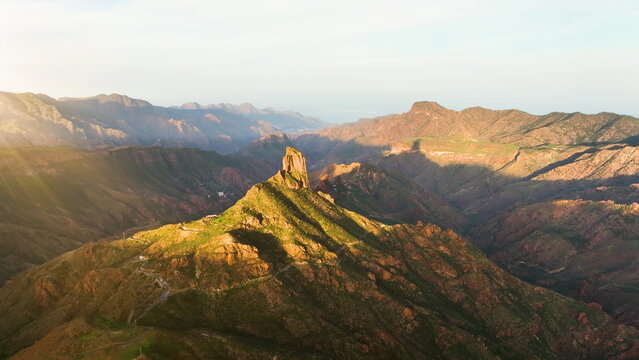Aerial drone view of the roque nublo. volcanic landscape of Gran Canaria