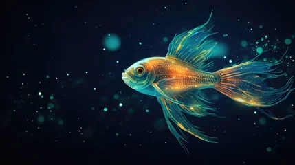 Fotobehang A goldfish swimming in the dark water. Celestial fantasy fish. © tilialucida