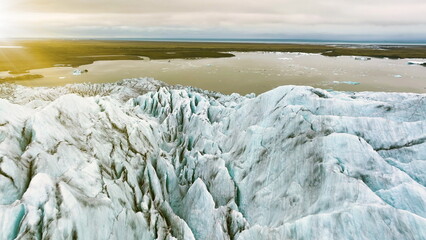 Aerial view of white glacier. Epic Drone Shot iceberg in national - 682429894