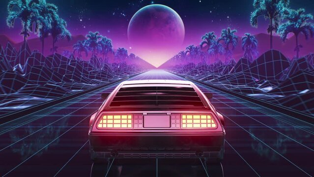 Loop Car and background neon retro wave 80s style