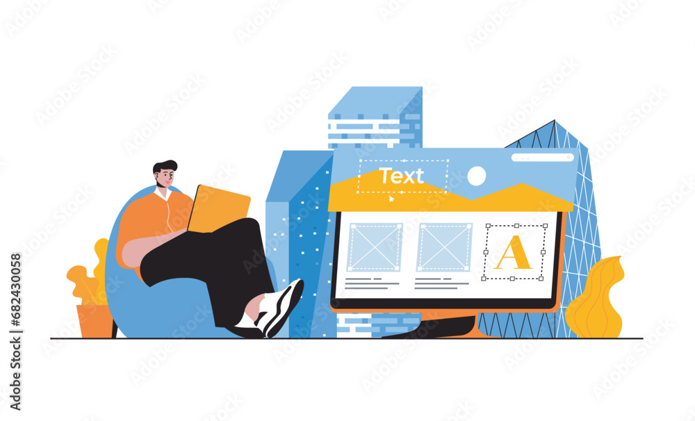 Poster web development concept with people in flat cartoon design. man designing homepage layouts, prototyp