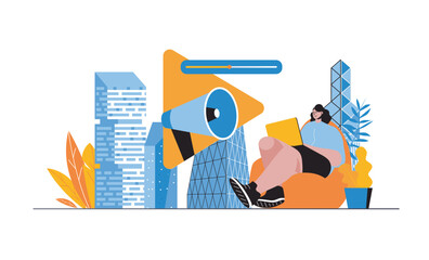 Video marketing web concept with people in flat cartoon design. Woman creating advertising video content for social media promotion. Vector illustration for social media banner, marketing material.