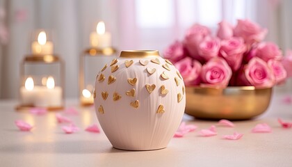 Vase with hearts for decorated table, celebrating emotion of the heart. Pink, gold and white decoration. Dry grasses with smooth light, some bokeh. Luxury romantic card for love greetings.