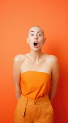 Shocked young woman looking at camera isolated over orange background.