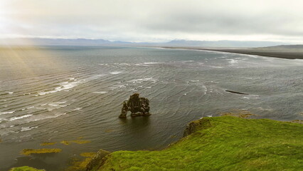 Aerial View of Hvtserkur Rock and Birds Flying Above, Landmark of Iceland - 682430297