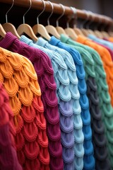 A row of colorful sweaters hanging on a rack.