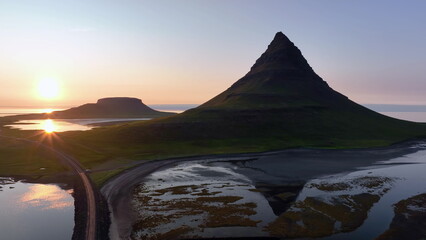 Aerial view of green mountain peak Kirkjufell is popular attractions at Iceland
