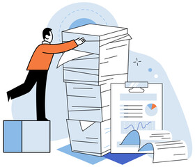 Paperwork. Vector illustration. A comprehensive financial report needs to be compiled for company The desk is mess papers, files, and documents A sheet needs to be reviewed and updated