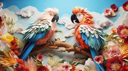 Multi - dimensional paper craft illustration of a cute friendly parrots