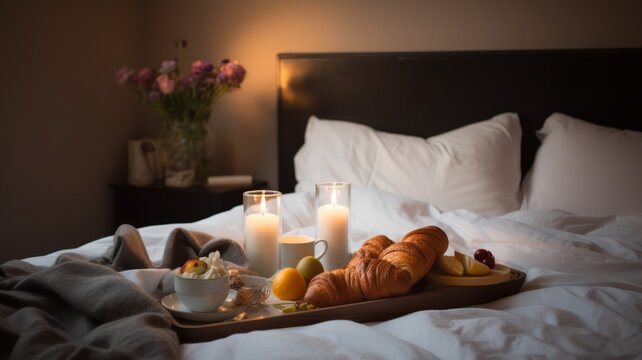 Tray with breakfast food on the bed inside a bedroom in morning light. Coffee, tea, fresh juice and croissants with berries and fruits.
