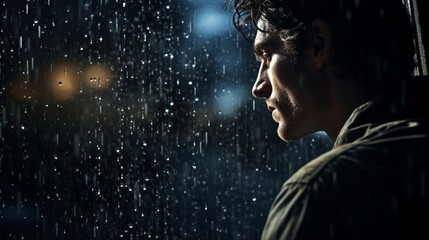 A person gazing out of a rain-streaked window, lost in thought, capturing the feeling of introspection.