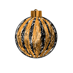 Christmas tree toy, graphic textured ball of black lines with bright gold stripes. Isolated vector object on a white background. Design element of New Year's sale banner, print, postcard, invitation
