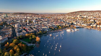 Aerial view of old town Zurich, Limmat river and lake Zurich on a fall day in Switzerland largest city.