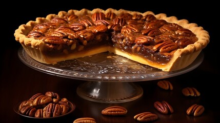A Southern classic, pecan pie, featuring a rich, caramelized filling and a cluster of pecans