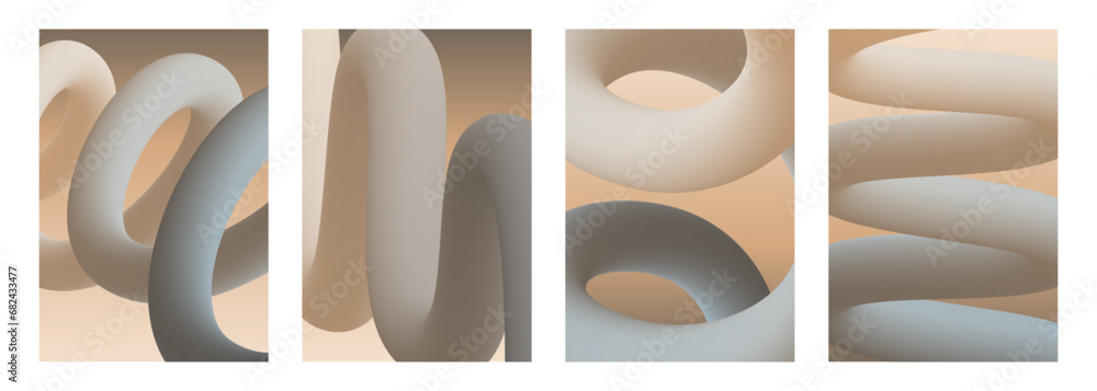 Aufkleber Dynamic curved lines. Set of abstract backgrounds with soft color gradient 3d twisted shapes for creative graphic design. Vector illustration.