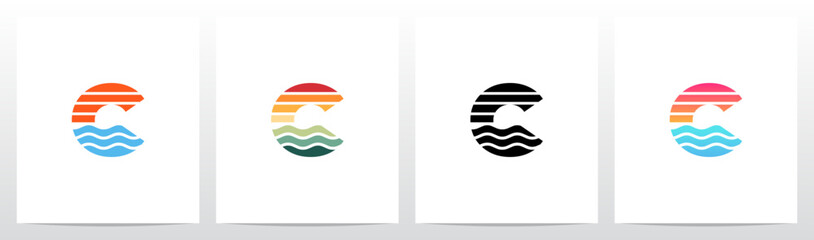 Sunset Sunrise On Sea Water Letter Logo Design C © recehan