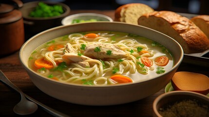 Chicken Noodle Soup, a bowl of comfort featuring tender chicken, vegetables