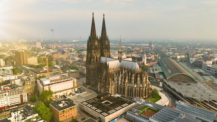 4k Aerial view of cityscape of Cologne, Germany, Europe. Cathedral Church - 682434031