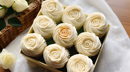 Elegant White Chocolate Rose Cupcakes on Wooden Background
