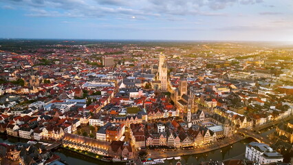 Aerial view of famous places Castle of the Counts next to river Lys. - 682434421