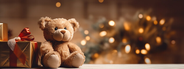 A funny teddy bear sitting on the floor of a room beside a gift pack, holiday lights behind. Simple, minimalist Christmas scene with bokeh background.