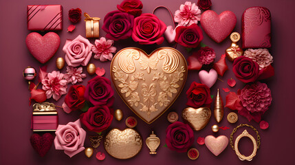 luxurious Valentine's themed display with golden and red roses, heart-shaped boxes, glittering ornaments, and elegant gifts on a rich burgundy background